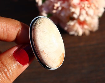 White Scolecite Ring / Adjustable Ring/White Scolecite Ring/Silver Plated Ring/ Scolecite Ring/ Big Scolecite Ring/ Scolecite Statement Ring