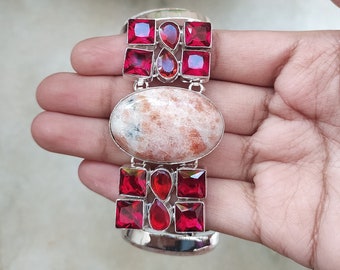 Fashion Bracelet Made With Sunstone Gemstone and Garnet Gemstone, Handmade Silver Plated Bracelet