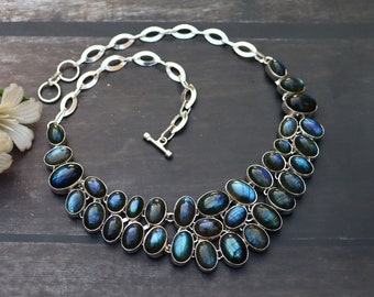 Labradorite Necklace/ Labradorite Bib Necklace/ Labradorite Cluster Necklace/ Silver Plated Handmade Necklace/ Blue Fire Labradorite Jewelry