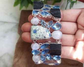 Natural K2 Jasper, Moonstone, Larimar, Blue Topaz and Black Tourmaline Bracelet, Handmade Silver Plated Bracelet