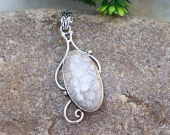 Beautiful Fossil Coral Pendant | Natural Gemstone Pendant | Handmade Silver Plated Pendant | Fossil Coral Pendant | Designer Jewelry!