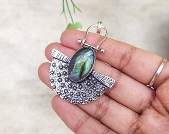 Blue Fire Labradorit Edelstein und Fossile Koralle Edelstein Anhänger | Echter Edelstein-Anhänger | Versilbert Handmade Anhänger!