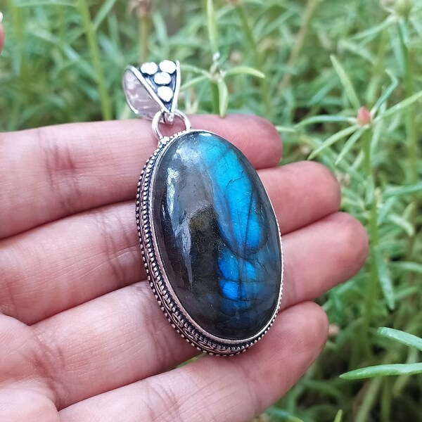 Blue Fire Labradorite Pendant/ Vintage Style Pendant/ Natural Fiery Blue Labradorite Necklace/ Silver Plated Handmade Pendant!
