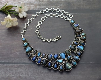 Labradorite Necklace/ Labradorite Bib Necklace/ Labradorite Cluster Necklace/ Silver Plated Handmade Necklace/ Blue Fire Labradorite Jewelry