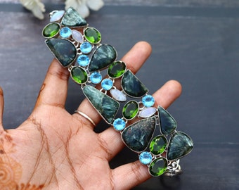 Beautiful Seraphinite and Moonstone Bracelet/ Blue Topaz Bracelet/ Handmade Silver Plated Bracelet/ Seraphinite Bracelet/ Green Hydro Glass