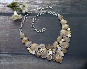 Golden Rutilite Necklace/ Pearl Necklace/ Moonstone Necklace/ Citrine Quartz Necklace/ Golden Rutilite Bib Necklace/ Pearl Bib Necklace!