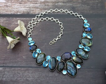 Stunning Labradorite and Blue Topaz Necklace/ Labradorite Necklace/ Labradorite Bib Necklace/ Silver Plated Necklace/ Blue Topaz Necklace