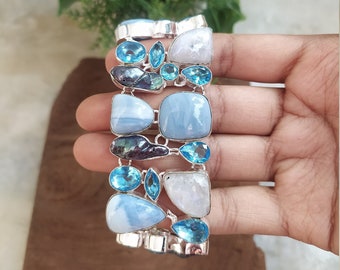 Stunning Blue Lace Agate, Biwa Pearl, Moonstone and Blue Topaz Gemstone Bracelet, Handmade Silver Plated Bracelet