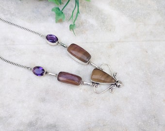 Stunning Fluorite Gemstone and Amethyst Gemstone Necklace | Silver Plated Handmade Necklace | Bohemian Statement Necklace!