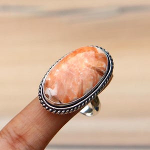 Pink Scolecite Ring / Adjustable Ring/ Pink Scolecite Ring/ 8 US Size Silver Plated Ring/ Scolecite Ring/ Big Scolecite Ring/ Statement Ring