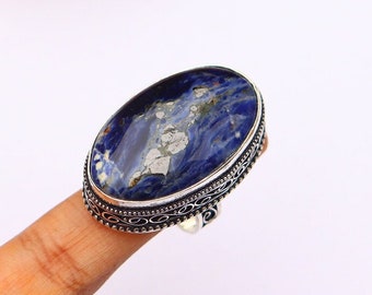 Vintage Sodalite Ring/ Silver Plated Ring/ 6 3/4 US Size Statement Ring/ Large Sodalite Ring/ Sodalite Statement Ring/ Chunky Sodalite Ring