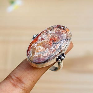 Adjustable Crazy Lace Agate Ring/ 8 US Ring/ Crazy Lace Agate Ring/  Size Silver Plated Ring/ Large Red Agate Ring/ Big Crazy Agate Ring!