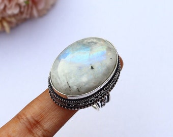 Stunning Moonstone Ring/ 10 US Size Ring/ Moonstone Vintage Ring/ Silver Plated Handmade Ring/ Large Moonstone Ring/ Big Moonstone Ring