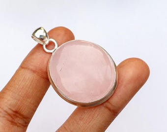 Natural Rose Quartz Pendant/ Rose Quartz Necklace/ Handmade Silver Plated Pendant/ Big Rose Quartz Pendant/ Pink Rose Quartz Jewelry/ gift