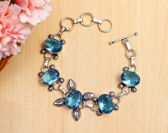 Beautiful Blue Hydro Glass Bracelet, Original Blue Hydro Glass Gemstone Bracelet, Handmade Silver Plated Bracelet, Multiple Stone Bracelet