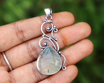 Natural Fluorite Pendant/ Original Green Fluorite Necklace/ Silver Plated Pendant/ Fluorite Necklace/ Fluorite Jewelry/ Green Fluorite Stone
