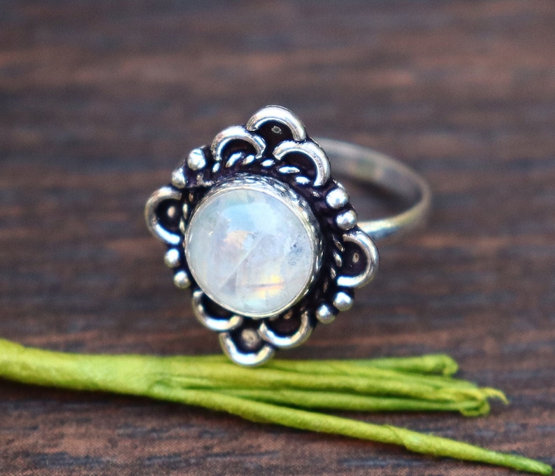 Gorgeous Moonstone Ring/ Blue Fire Moonstone Ring/ Minimalist Ring/ Silver Plated Ring/Rainbow Moonstone Ring/ Natural Moonstone/ Midi Ring image 1