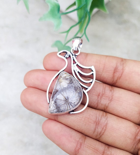 Fossil Coral Gemstone and Different Gemstone Pendant | Bird Shape Pendant | Silver Plated Handmade Pendant | Statement Pendant!