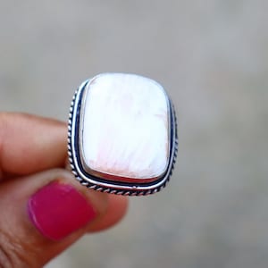 Adjustable Pink Scolecite Ring/ 7US Size Statement Ring/ Large Scolecite Ring/ Silver Plated Ring/ Big Scolecite Ring/ White Scolecite Ring