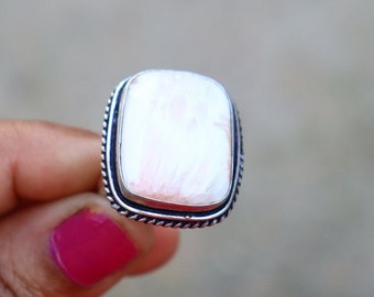 Adjustable Pink Scolecite Ring/ 7US Size Statement Ring/ Large Scolecite Ring/ Silver Plated Ring/ Big Scolecite Ring/ White Scolecite Ring