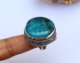 Beautiful Neon Blue Apatite Ring/ 7 US Size Ring/ Big Neon Apatite Ring/ Silver Plated Handmade Ring/ Original Apatite Ring/ Large Apatite!