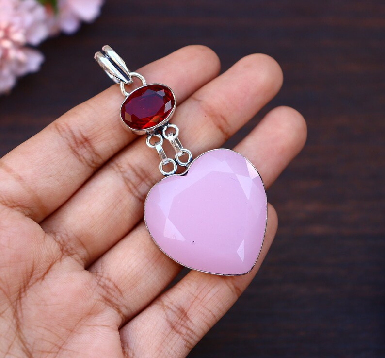 Natural Heart Shape Rose Quartz, Red Hydro Glass Pendant, Original Rose Quartz Silver Plated Handmade Pendant Multi-Gemstone Pendant image 5