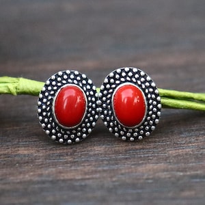 Red Coral Stud Earrings/ Moonstone Stud Earrings/ Silver Plated Earrings/ Brass Earrings/Moonstone Earrings/Stud Earrings/Red Coral Earrings