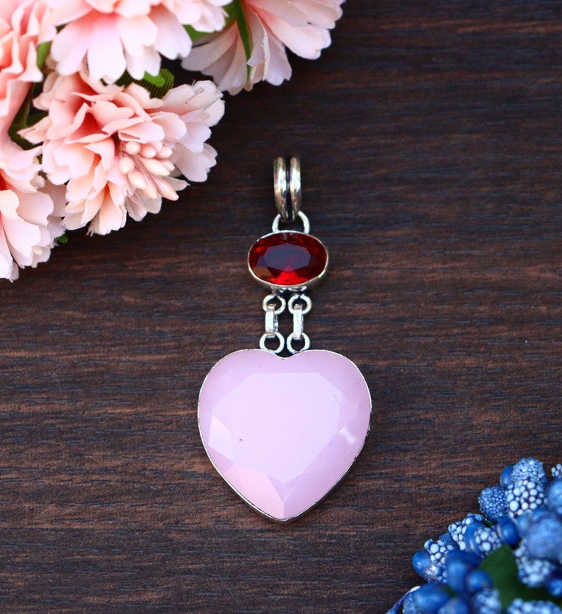 Natural Heart Shape Rose Quartz, Red Hydro Glass Pendant, Original Rose Quartz Silver Plated Handmade Pendant Multi-Gemstone Pendant image 1