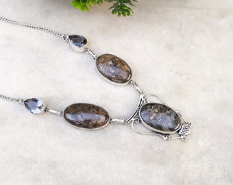 Stunning Bronzite and Blue Hydro Glass Gemstone Necklace | Silver Plated Handmade Necklace | Bohemian Statement Necklace!