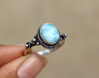 Natural Larimar Ring/ Moonstone Ring/ Larimar Ring/ Silver Plated Ring/ Handcrafted Ring/ Natural Larimar Gemstone/ Blue Fire Moonstone!