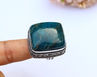 Beautiful Neon Blue Apatite Ring/ 9 US Size Ring/ Big Neon Apatite Ring/ Silver Plated Handmade Ring/ Original Apatite Ring/ Large Apatite!