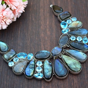 Stunning Labradorite and Blue Topaz Necklace/ Labradorite Necklace/ Labradorite Bib Necklace/ Silver Plated Necklace/ Blue Topaz Necklace image 3