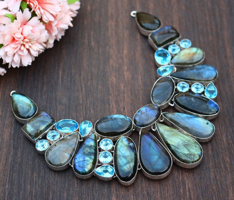 Stunning Labradorite and Blue Topaz Necklace/ Labradorite Necklace/ Labradorite Bib Necklace/ Silver Plated Necklace/ Blue Topaz Necklace image 3