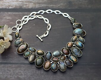 Labradorite Necklace/ Labradorite Necklace/ Labradorite Bib Necklace/ Silver Plated Necklace/ Blue Fire Laborite Necklace/ Laborite Jewelry!