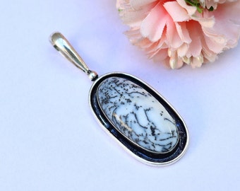 Oval Shape Dendritic Opal Pendant/ Silver Plated Pendant/ Large Dendritic Opal Pendant/ Big Dendritic Opal Pendant/ Dendritic Opal Pendant