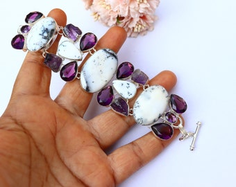 Amethyst Bracelet/ Dendritic Agate Bracelet/ Silver Plated Bracelet/ Rough Amethyst Bracelet/ Dendritic Opal Bracelet/ Original Agate