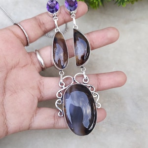 Stunning Montena Agate and Amethyst Gemstone Necklace Silver Plated Handmade Necklace Bohemian Statement Necklace image 2