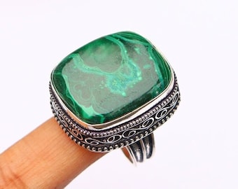 Vintage Malachite Ring/ 9 1/2 US Size Ring/ Big Malachite Ring/ Silver Plated Handmade Ring/ Original Malachite Ring/ Large Malachite Ring