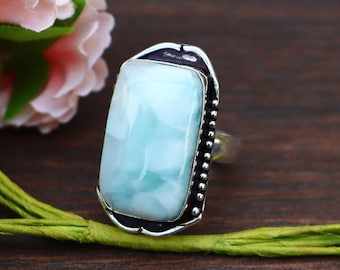 Larimar Ring/ Larimar Gemstone Ring/ 8 US Size/ Larimar Statement Ring/ Big Larimar Ring/ Silver Plated Ring/ Chunky Larimar Ring/ Big Ring