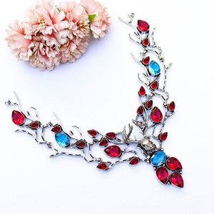 Red Garnet Necklace/ Blue Topaz Necklace/ Large Reindeer Garnet Necklace/ Christmas Special Necklace/ Bib Necklace/ Silver Plated Necklace!