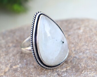 Moonstone Gemstone Ring | 8 US Size Statement Ring | Adjustable Ring | Silver Plated Handmade Ring | Blue Flash Moonstone Gemstone!