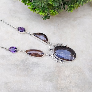 Stunning Montena Agate and Amethyst Gemstone Necklace Silver Plated Handmade Necklace Bohemian Statement Necklace image 1