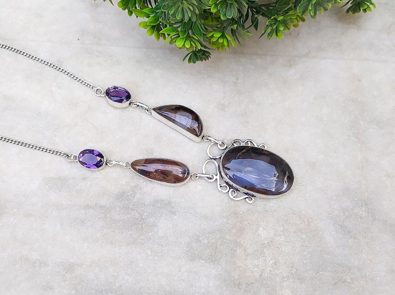 Stunning Montena Agate and Amethyst Gemstone Necklace Silver Plated Handmade Necklace Bohemian Statement Necklace image 1