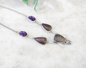 Stunning Fluorite Gemstone and Amethyst Gemstone Necklace | Silver Plated Handmade Necklace | Bohemian Statement Necklace!