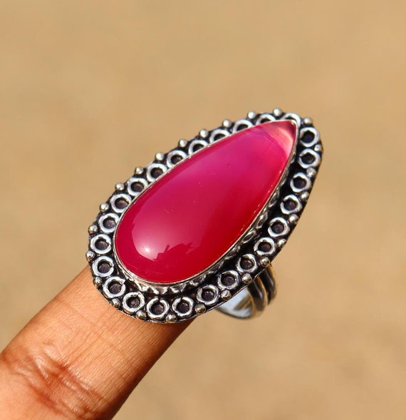 Pink Agate Gemstone Ring/ 925 Silver Plated Handmade Ring/ Size 10