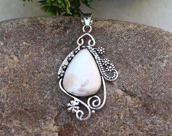 White Scolecite Gemstone Pendant | Natural Gemstone Pendant | Handmade Silver Plated Pendant | Scolecite Pendant | Designer Jewelry!