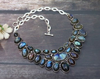 Labradorite Necklace/ Labradorite Necklace/ Labradorite Bib Necklace/ Silver Plated Necklace/ Blue Fire Laborite Necklace/ Laborite Jewelry!