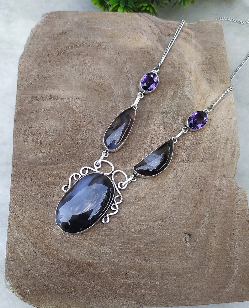 Stunning Montena Agate and Amethyst Gemstone Necklace Silver Plated Handmade Necklace Bohemian Statement Necklace image 5