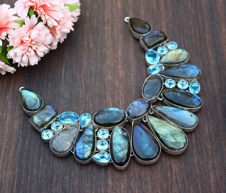 Stunning Labradorite and Blue Topaz Necklace/ Labradorite Necklace/ Labradorite Bib Necklace/ Silver Plated Necklace/ Blue Topaz Necklace image 1