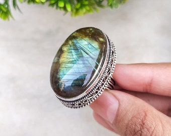 Beautiful Blue Fire Labradorite Ring | Genuine Labradorite Gemstone Ring | 8 3/4 US Size Statement Ring | Big Chunky Ring | Designer Ring!